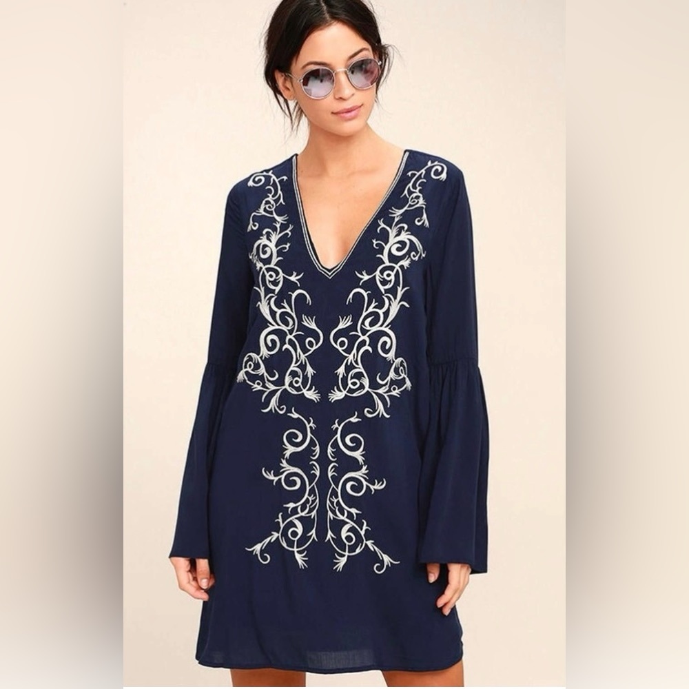 Lulus Embroidered Navy Mini Dress Boho Hippie Vacation Fall